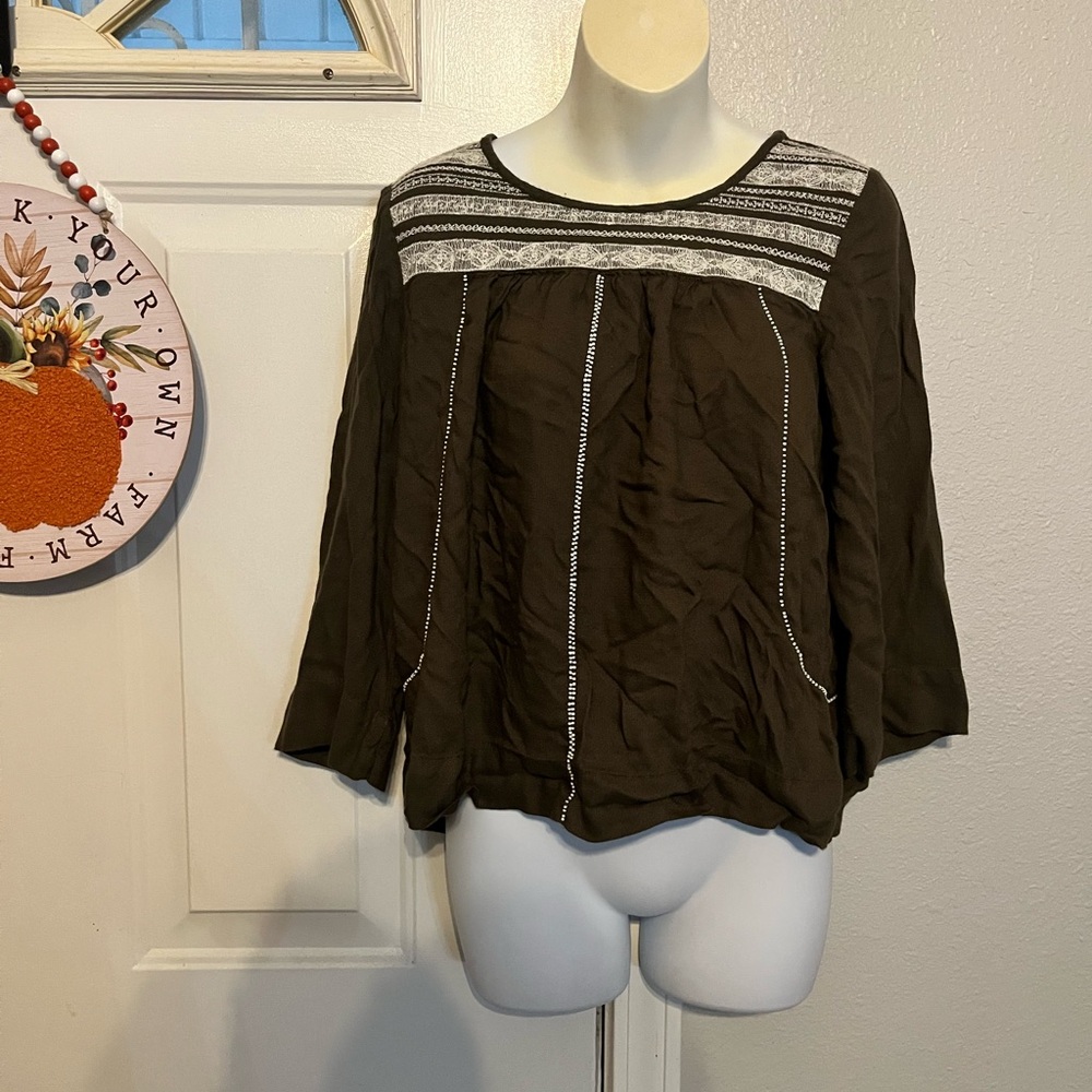 Lucky Brand Dark Olive Blouse with Crochet Accents
